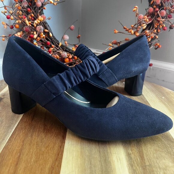 Ara LEDA 11501 Womens Mary Jane Pump Soft Leather Suede Sz 5 Navy Elastic Strap - Picture 1 of 10
